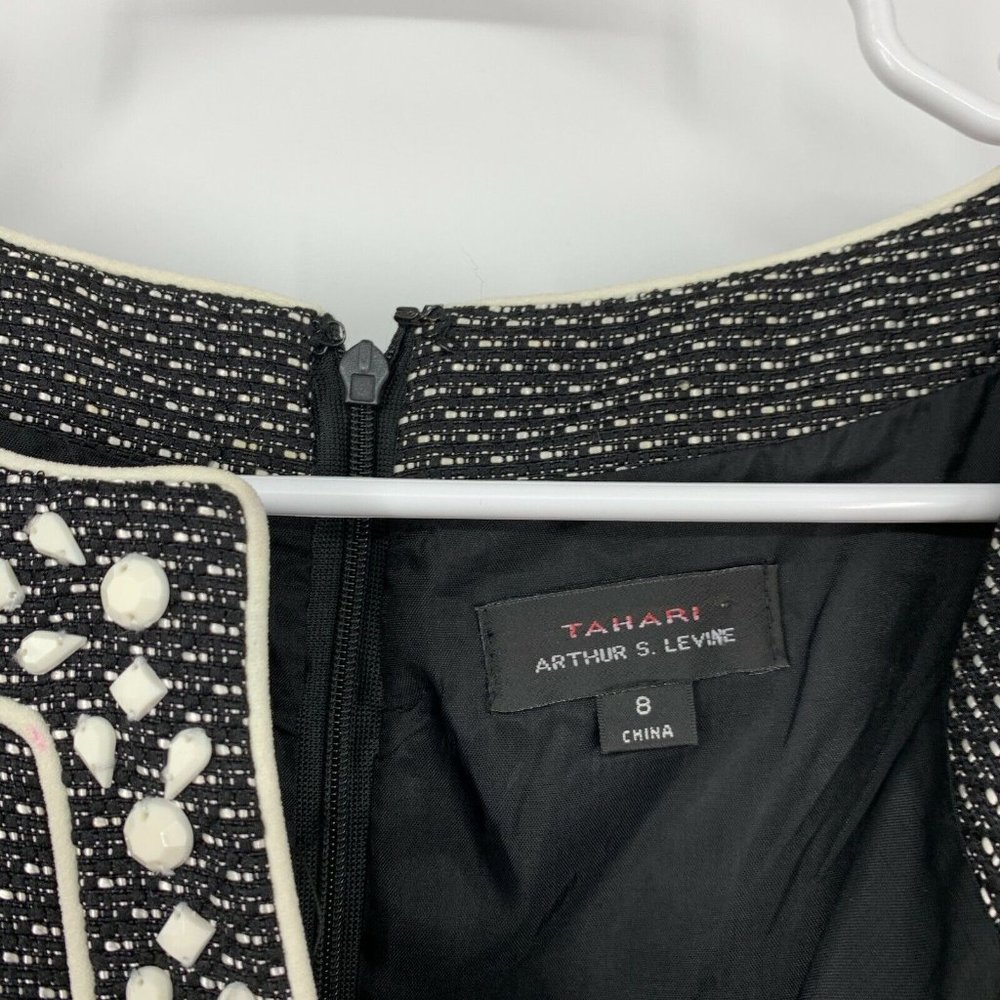 Tahari ASL Dress Black White Tweed Beaded V Neck Sleeveless Sheath - Picture 4 of 11